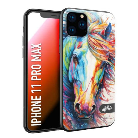 CUSTOMIZZA - Custodia cover nera morbida in tpu compatibile per iPhone 11 PRO MAX animali color cavallo horse viso colori vibranti disegnato schizzo