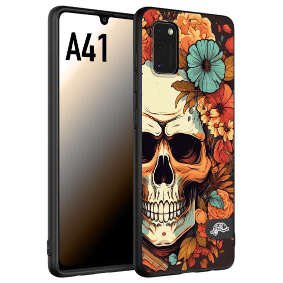 CUSTOMIZZA - Custodia cover nera morbida in tpu compatibile per Samsung A41 teschio skull flowers fiori autunnali arancio celeste tattoo