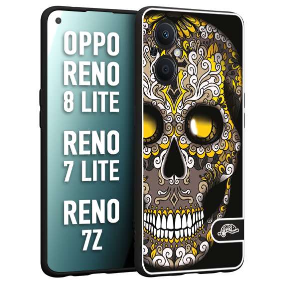 CUSTOMIZZA - Custodia cover nera morbida in tpu compatibile per Oppo Reno 7 Lite - 8 Lite - 7Z teschio messicano Mexican skull nero giallo