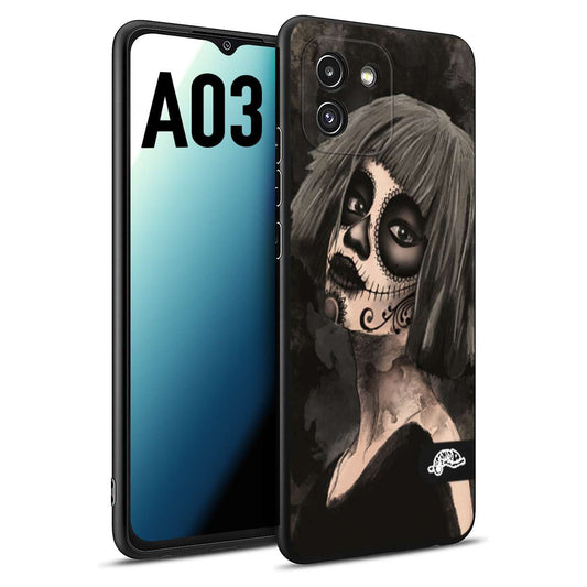 CUSTOMIZZA - Custodia cover nera morbida in tpu compatibile per Samsung A03 chicana messicana dea de la muerte donna santa tattoo disegnata