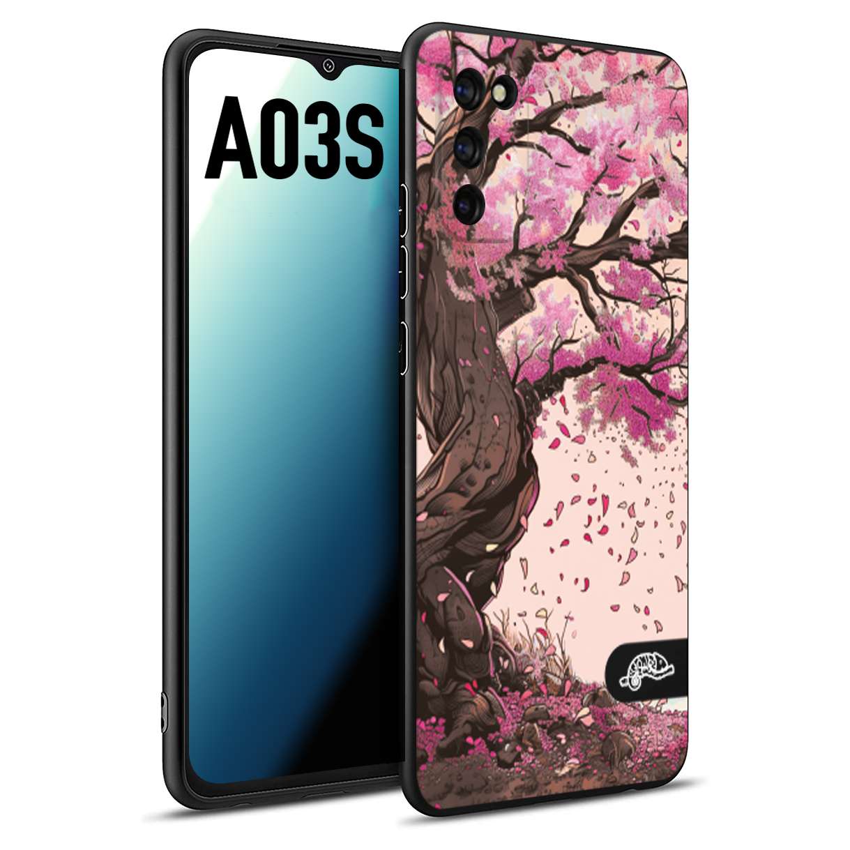 CUSTOMIZZA - Custodia cover nera morbida in tpu compatibile per Samsung A03S giapponese colori morbidi fiori di ciliegio rosa disegnata