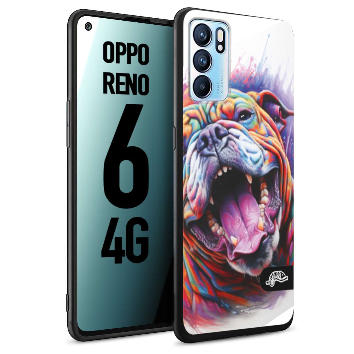 CUSTOMIZZA - Custodia cover nera morbida in tpu compatibile per Oppo Reno 6 4G animali color bulldog cane dog colori vibranti disegnato schizzo