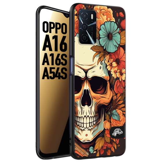 CUSTOMIZZA - Custodia cover nera morbida in tpu compatibile per Oppo A16 - A16S - A54S teschio skull flowers fiori autunnali arancio celeste tattoo