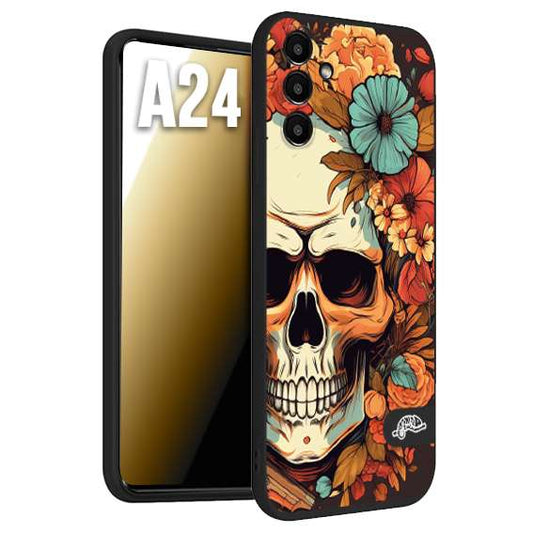 CUSTOMIZZA - Custodia cover nera morbida in tpu compatibile per Samsung A24 teschio skull flowers fiori autunnali arancio celeste tattoo