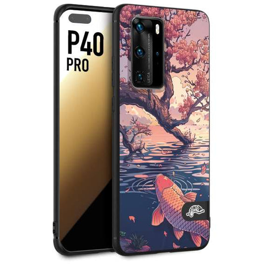 CUSTOMIZZA - Custodia cover nera morbida in tpu compatibile per Huawei P40 PRO giapponese lago carpa koi rosa con foglie d'acero disegnata tattoo