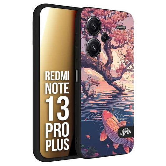 CUSTOMIZZA - Custodia cover nera morbida in tpu compatibile per Xiaomi Redmi Note 13 PRO PLUS giapponese lago carpa koi rosa con foglie d'acero disegnata tattoo