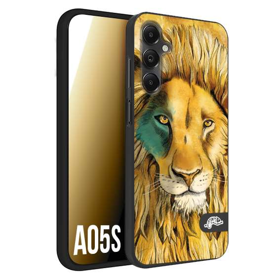 CUSTOMIZZA - Custodia cover nera morbida in tpu compatibile per Samsung A05S leone lion disegnato a mano giallo blu a rilievo artistico brown