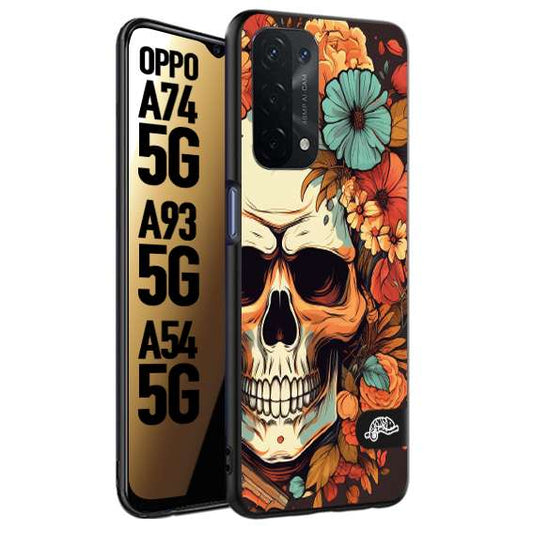 CUSTOMIZZA - Custodia cover nera morbida in tpu compatibile per Oppo A74 5G - A93 5G - A54 5G teschio skull flowers fiori autunnali arancio celeste tattoo