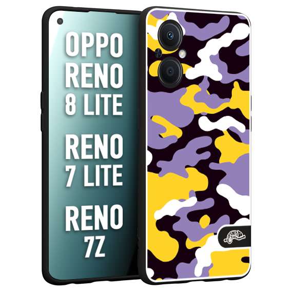 CUSTOMIZZA - Custodia cover nera morbida in tpu compatibile per Oppo Reno 7 Lite - 8 Lite - 7Z camouflage mimetico militare viola lilla giallo