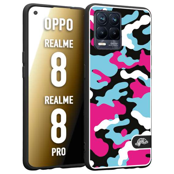 CUSTOMIZZA - Custodia cover nera morbida in tpu compatibile per Oppo Realme 8 - 8 PRO camouflage mimetico militare fucsia celeste