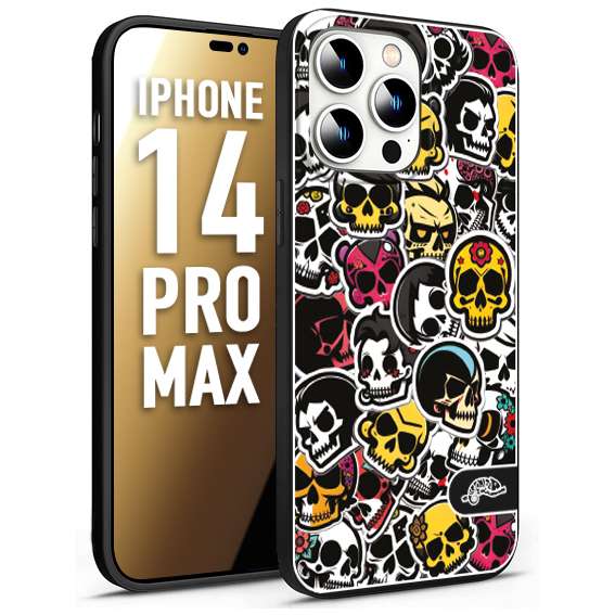 CUSTOMIZZA - Custodia cover nera morbida in tpu compatibile per iPhone 14 PRO MAX sticker bomb teschi colorati adesivi skulls skater snowboard