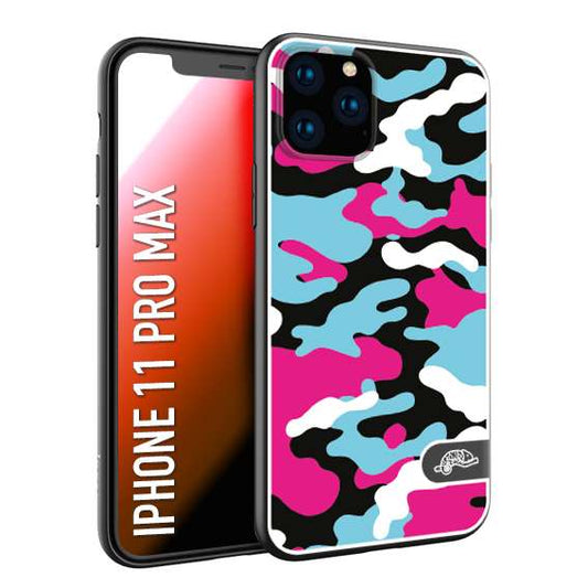 CUSTOMIZZA - Custodia cover nera morbida in tpu compatibile per iPhone 11 PRO MAX camouflage mimetico militare fucsia celeste