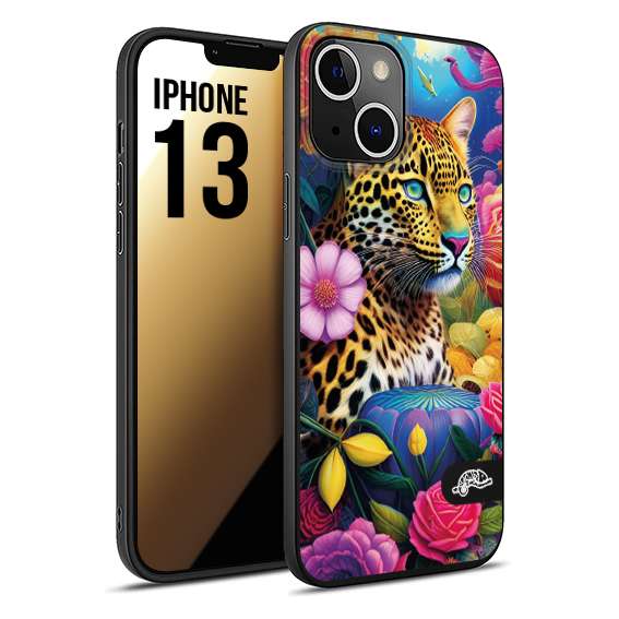 CUSTOMIZZA - Custodia cover nera morbida in tpu compatibile per iPhone 13 fiori astratti donna flower fantasia leopardo ghepardo animali colorati