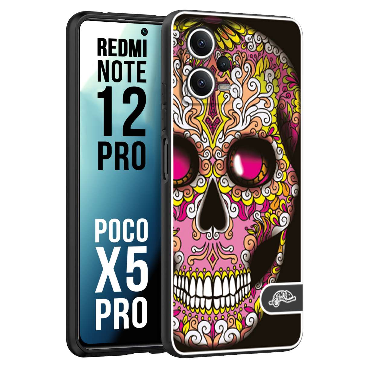 CUSTOMIZZA - Custodia cover nera morbida in tpu compatibile per Xiaomi Redmi Note 12 PRO - POCO X5 PRO teschio messicano Mexican skull rosa gialla