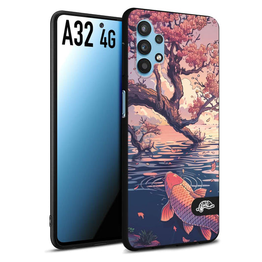 CUSTOMIZZA - Custodia cover nera morbida in tpu compatibile per Samsung A32 4G giapponese lago carpa koi rosa con foglie d'acero disegnata tattoo