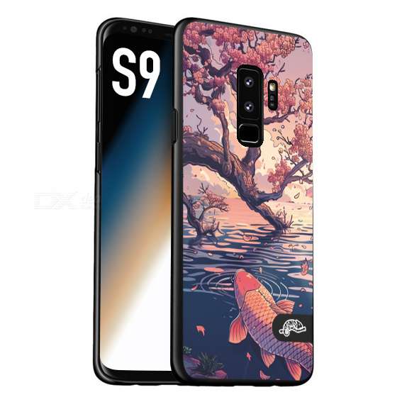 CUSTOMIZZA - Custodia cover nera morbida in tpu compatibile per Samsung S9 giapponese lago carpa koi rosa con foglie d'acero disegnata tattoo