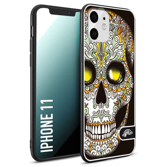 CUSTOMIZZA - Custodia cover nera morbida in tpu compatibile per iPhone 11 teschio messicano Mexican skull bianco verde giallo