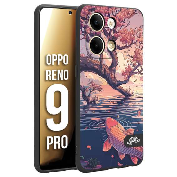 CUSTOMIZZA - Custodia cover nera morbida in tpu compatibile per Oppo Reno 9 PRO giapponese lago carpa koi rosa con foglie d'acero disegnata tattoo