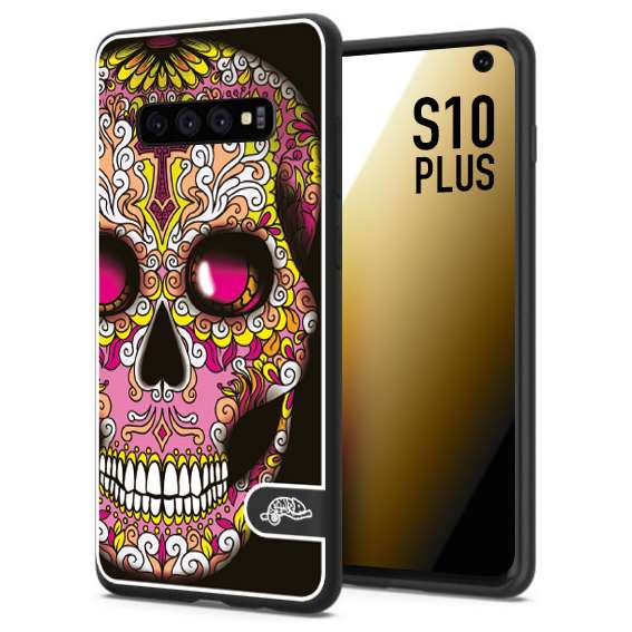 CUSTOMIZZA - Custodia cover nera morbida in tpu compatibile per Samsung S10 PLUS teschio messicano Mexican skull rosa gialla