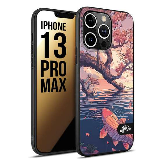 CUSTOMIZZA - Custodia cover nera morbida in tpu compatibile per iPhone 13 PRO MAX giapponese lago carpa koi rosa con foglie d'acero disegnata tattoo