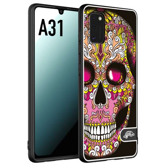 CUSTOMIZZA - Custodia cover nera morbida in tpu compatibile per Samsung A31 teschio messicano Mexican skull rosa gialla