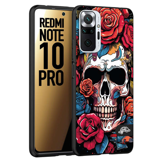 CUSTOMIZZA - Custodia cover nera morbida in tpu compatibile per Xiaomi Redmi Note 10 PRO teschio skull flowers fiori rose rosse tattoo disegnato