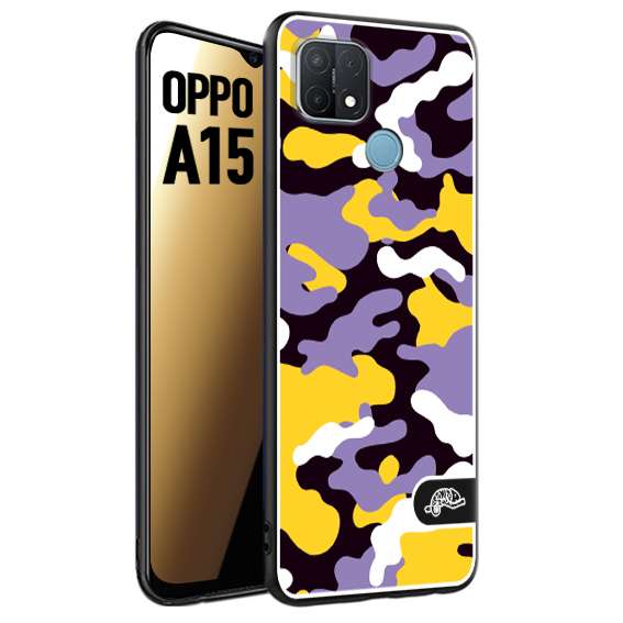 CUSTOMIZZA - Custodia cover nera morbida in tpu compatibile per Oppo A15 camouflage mimetico militare viola lilla giallo