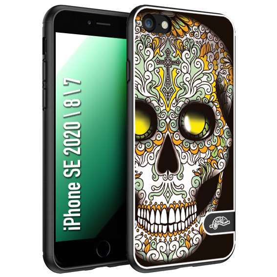 CUSTOMIZZA - Custodia cover nera morbida in tpu compatibile per iPhone 7 - 8 - SE 2020 / 2022 teschio messicano Mexican skull bianco verde giallo