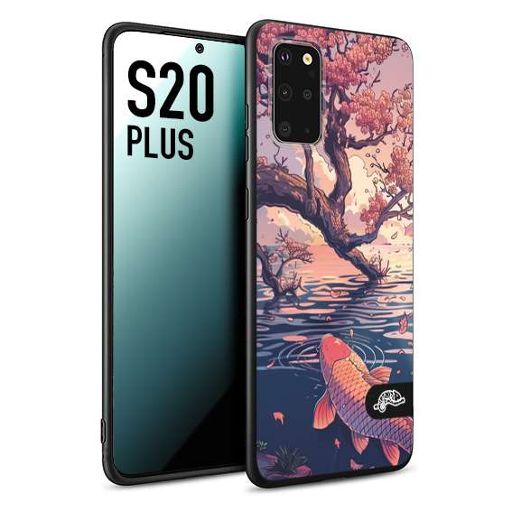 CUSTOMIZZA - Custodia cover nera morbida in tpu compatibile per Samsung S20 PLUS giapponese lago carpa koi rosa con foglie d'acero disegnata tattoo