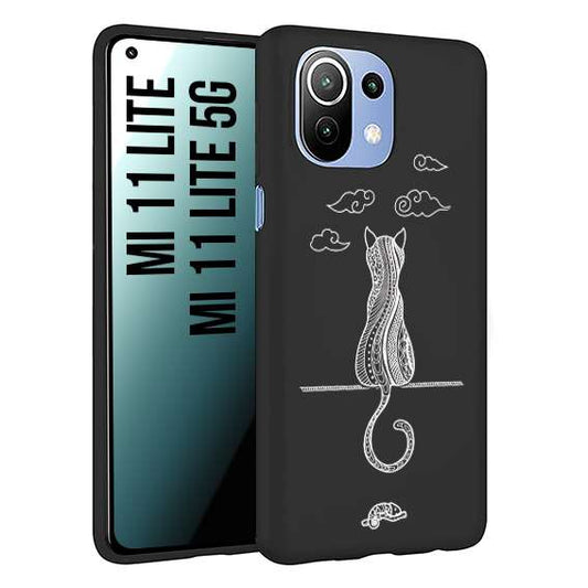 CUSTOMIZZA - Custodia cover nera morbida in tpu compatibile per Xiaomi Mi 11 Lite / Mi 11 Lite 5G gatto mandala stilizzato gattino a rilievo soft touch donna bianca