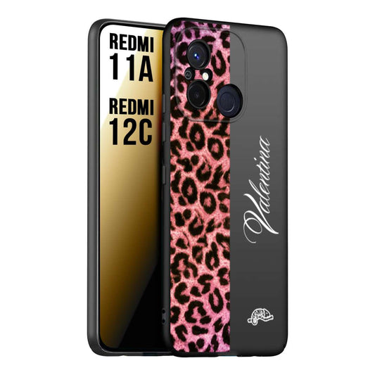 CUSTOMIZZA - Custodia cover nera morbida in tpu compatibile per Xiaomi Redmi 11A - 12C leopardato rosa fucsia personalizzata nome iniziali