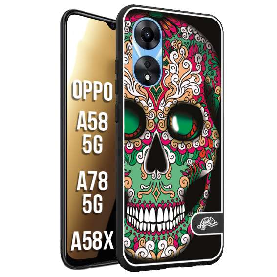 CUSTOMIZZA - Custodia cover nera morbida in tpu compatibile per Oppo A58 5G - A78 5G - A58X teschio messicano Mexican skull verde fucsia