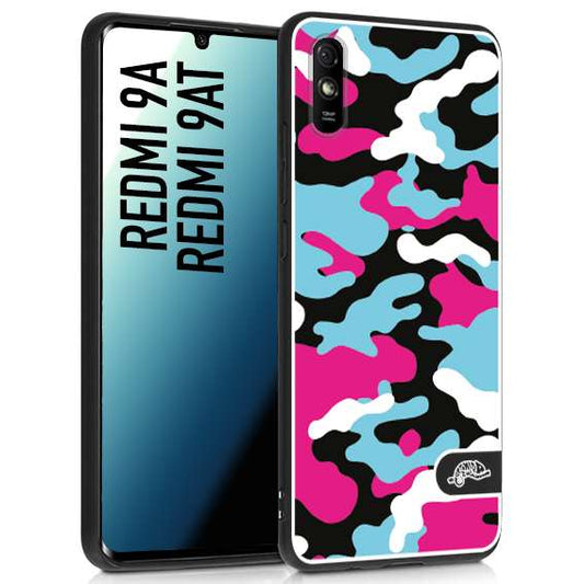 CUSTOMIZZA - Custodia cover nera morbida in tpu compatibile per Xiaomi Redmi 9A - 9AT camouflage mimetico militare fucsia celeste