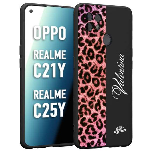 CUSTOMIZZA - Custodia cover nera morbida in tpu compatibile per Oppo Realme C21Y - C25Y leopardato rosa fucsia personalizzata nome iniziali