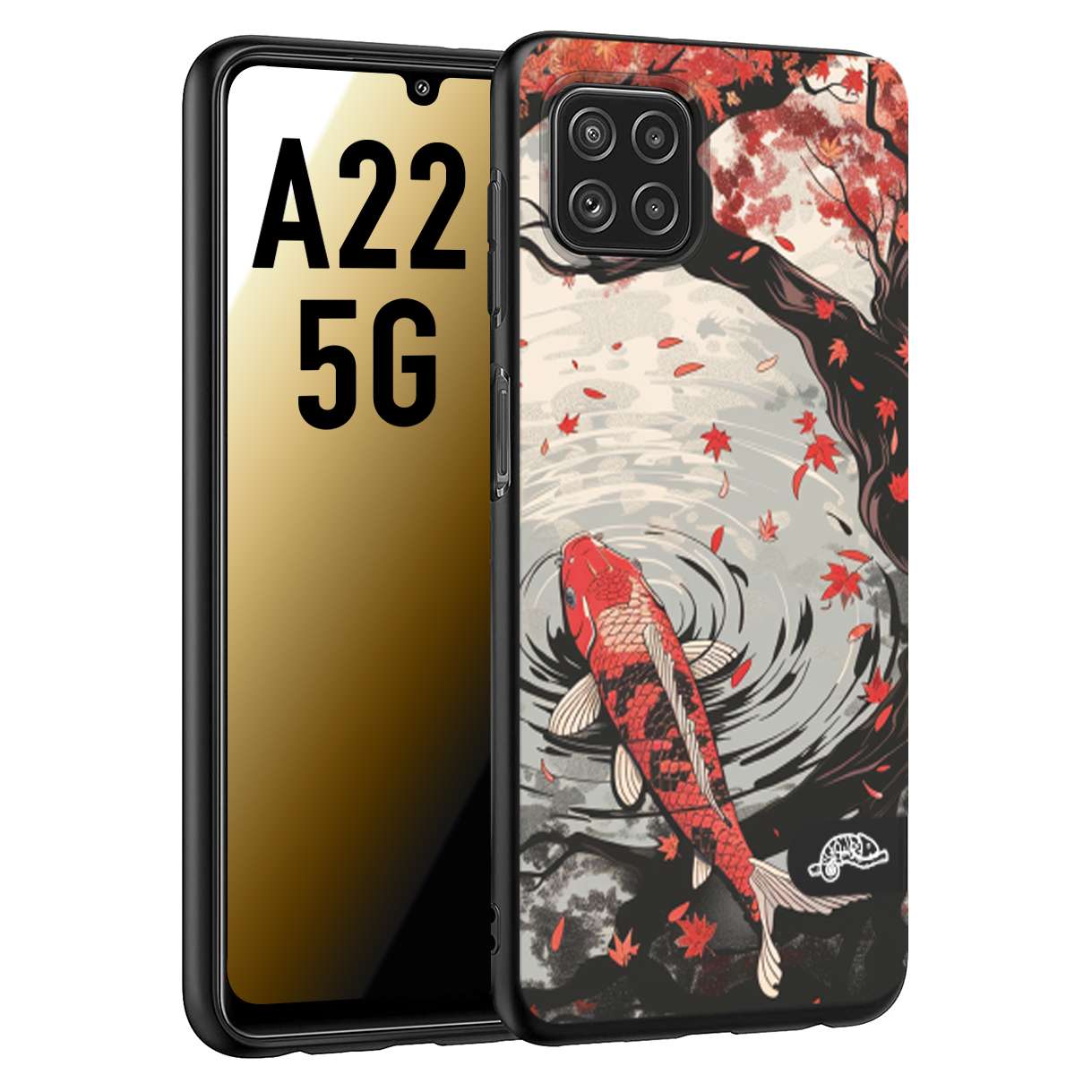 CUSTOMIZZA - Custodia cover nera morbida in tpu compatibile per Samsung A22 5G giapponese lago carpa koi rossa con foglie d'acero rosso disegnata tattoo