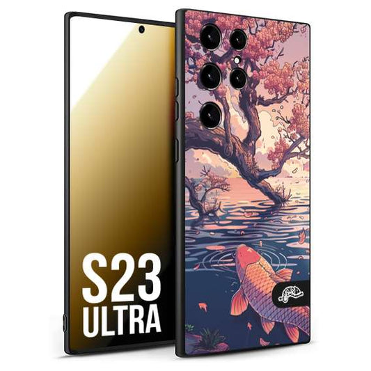 CUSTOMIZZA - Custodia cover nera morbida in tpu compatibile per Samsung S23 ULTRA giapponese lago carpa koi rosa con foglie d'acero disegnata tattoo