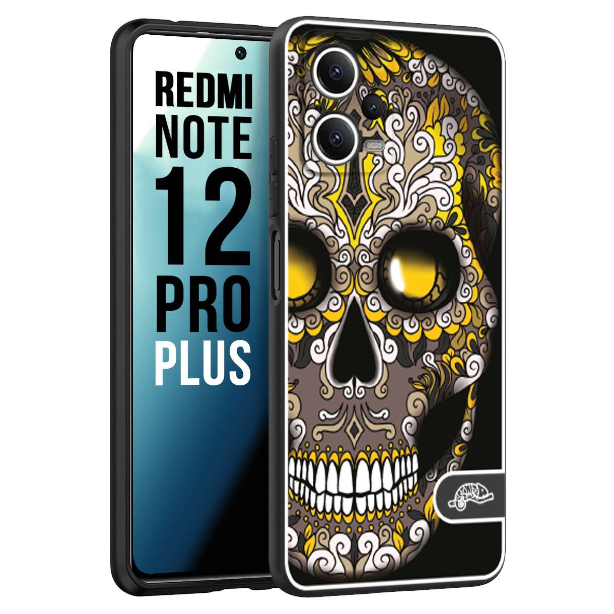 CUSTOMIZZA - Custodia cover nera morbida in tpu compatibile per Xiaomi Redmi Note 12 PRO PLUS teschio messicano Mexican skull nero giallo