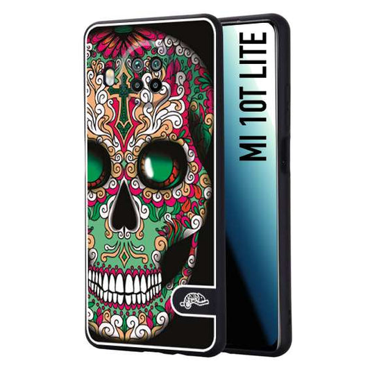 CUSTOMIZZA - Custodia cover nera morbida in tpu compatibile per Xiaomi Mi 10T LITE teschio messicano Mexican skull verde fucsia