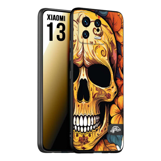 CUSTOMIZZA - Custodia cover nera morbida in tpu compatibile per Xiaomi 13 teschio messicano colorato dorato fiori autunnali disegnato