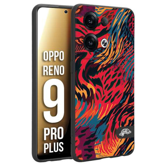 CUSTOMIZZA - Custodia cover nera morbida in tpu compatibile per Oppo Reno 9 PRO PLUS leopardato maculato tigrato colorata fiamme rossa blu arancione