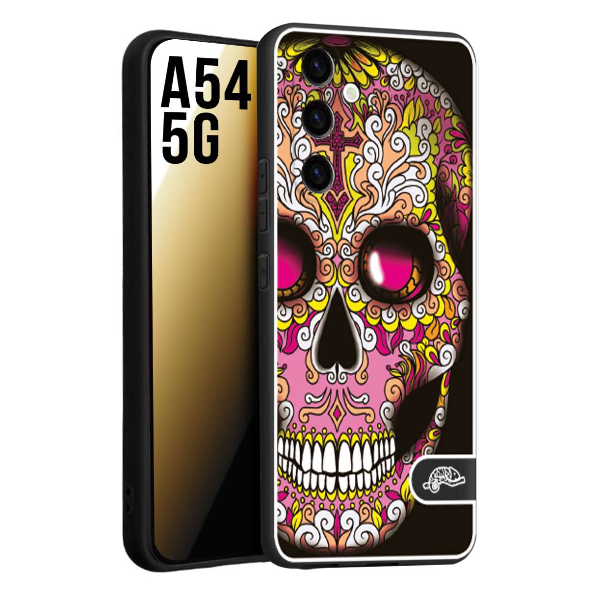 CUSTOMIZZA - Custodia cover nera morbida in tpu compatibile per Samsung A54 5G teschio messicano Mexican skull rosa gialla