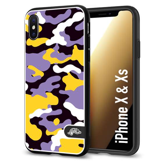 CUSTOMIZZA - Custodia cover nera morbida in tpu compatibile per iPhone X - Xs camouflage mimetico militare viola lilla giallo