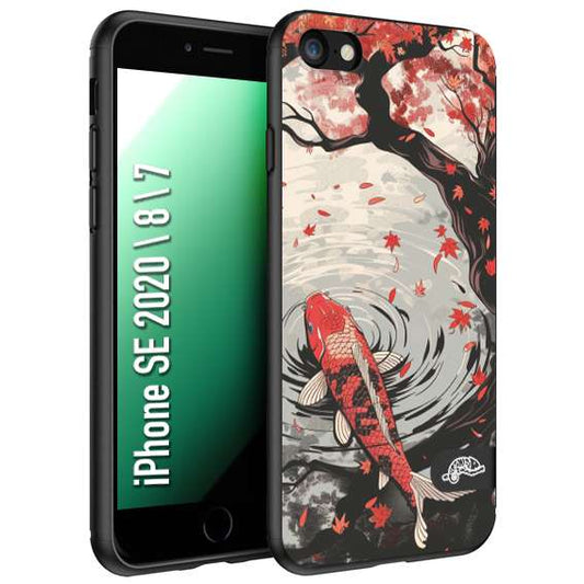 CUSTOMIZZA - Custodia cover nera morbida in tpu compatibile per iPhone 7 - 8 - SE 2020 / 2022 giapponese lago carpa koi rossa con foglie d'acero rosso disegnata tattoo