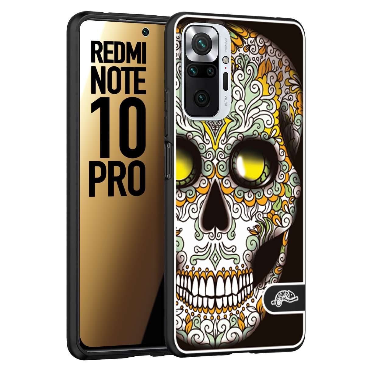 CUSTOMIZZA - Custodia cover nera morbida in tpu compatibile per Xiaomi Redmi Note 10 PRO teschio messicano Mexican skull bianco verde giallo