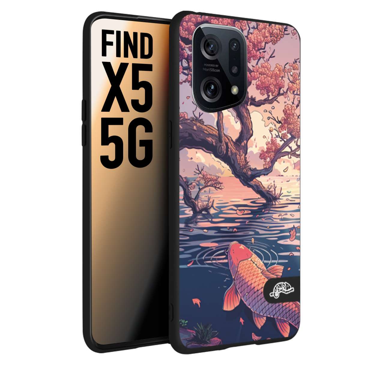 CUSTOMIZZA - Custodia cover nera morbida in tpu compatibile per Oppo Find X5 giapponese lago carpa koi rosa con foglie d'acero disegnata tattoo