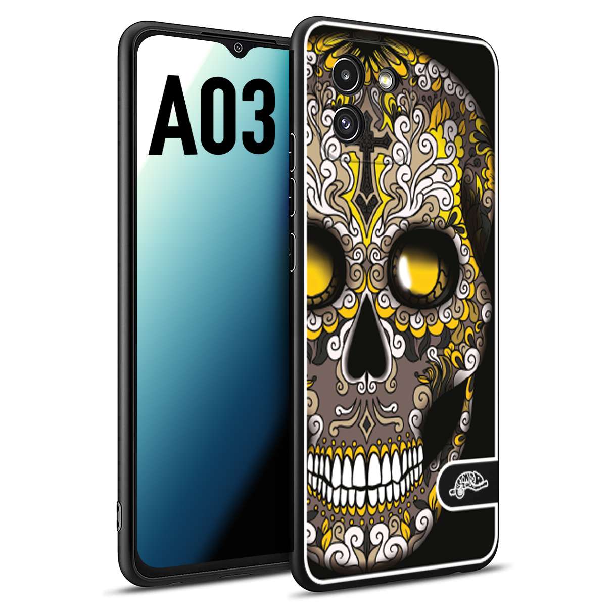 CUSTOMIZZA - Custodia cover nera morbida in tpu compatibile per Samsung A03 teschio messicano Mexican skull nero giallo