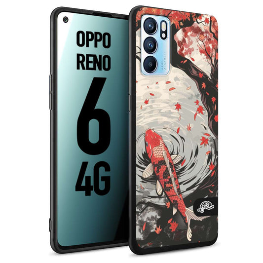 CUSTOMIZZA - Custodia cover nera morbida in tpu compatibile per Oppo Reno 6 4G giapponese lago carpa koi rossa con foglie d'acero rosso disegnata tattoo