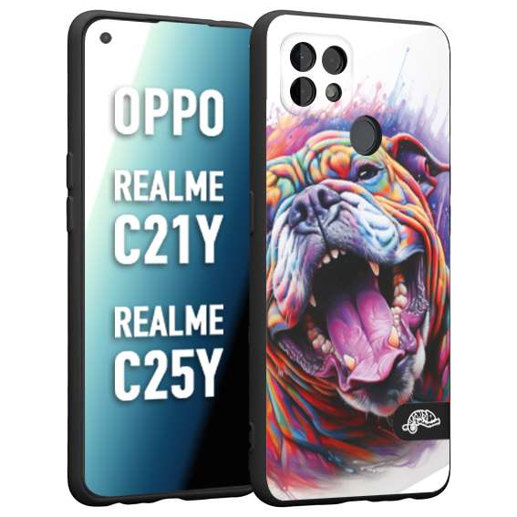 CUSTOMIZZA - Custodia cover nera morbida in tpu compatibile per Oppo Realme C21Y - C25Y animali color bulldog cane dog colori vibranti disegnato schizzo