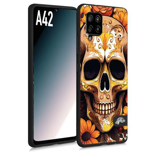 CUSTOMIZZA - Custodia cover nera morbida in tpu compatibile per Samsung A42 teschio messicano colorato dorato fiori tattoo disegnato