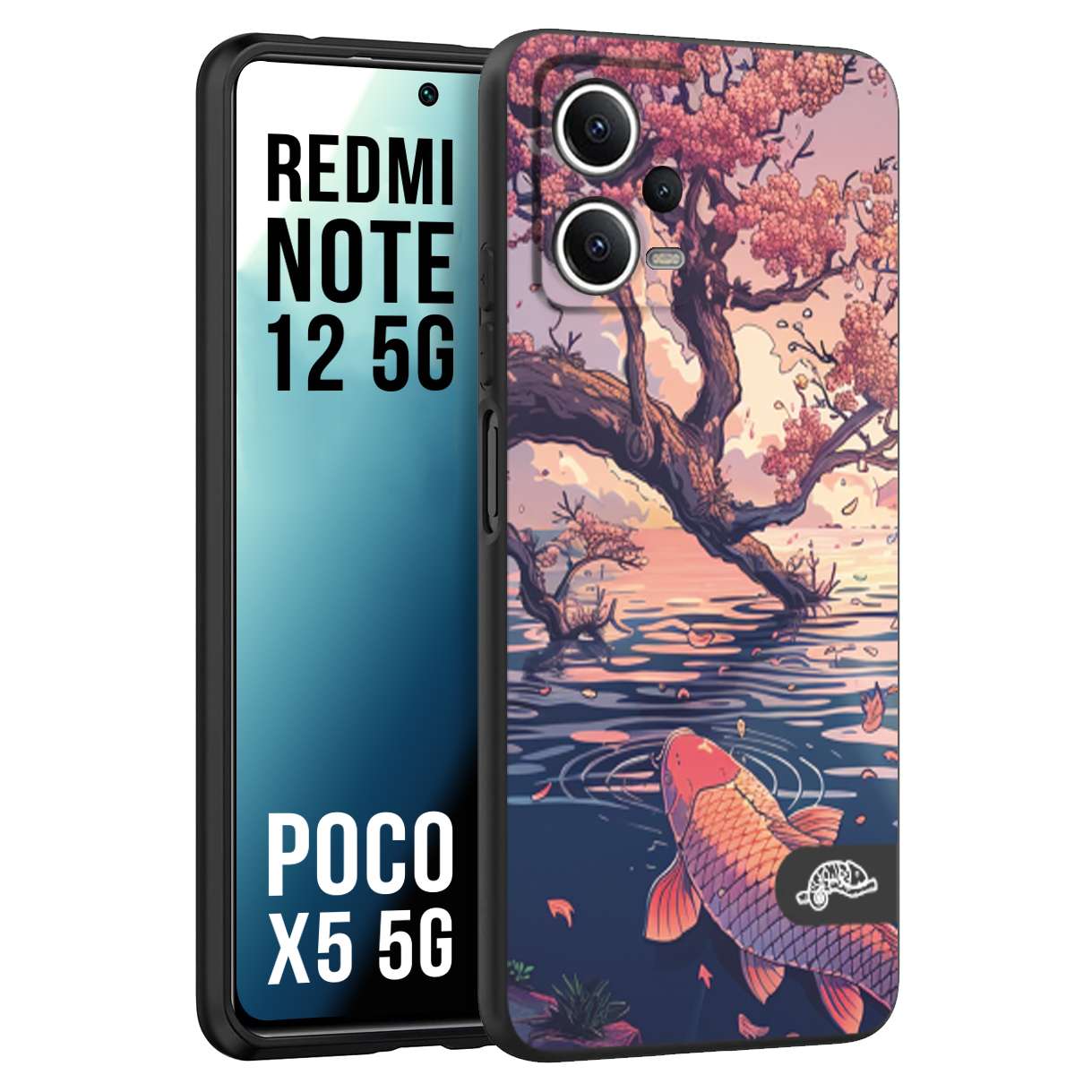 CUSTOMIZZA - Custodia cover nera morbida in tpu compatibile per Xiaomi Redmi Note 12 - POCO X5 5G giapponese lago carpa koi rosa con foglie d'acero disegnata tattoo